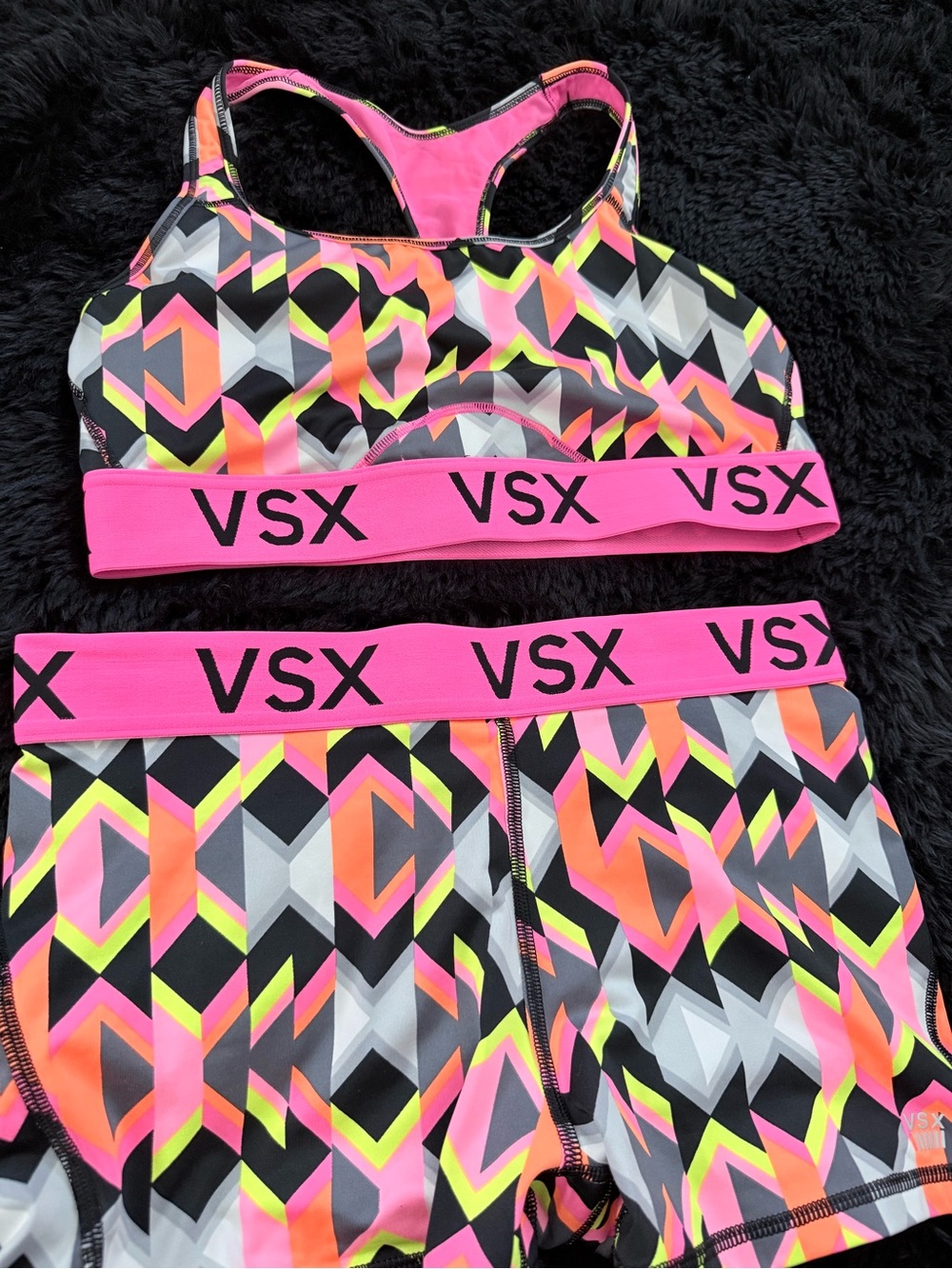 VSX Neon Geo Racerback Sports Bra & Shorts - Pink, Orange, Yellow, Black gym set